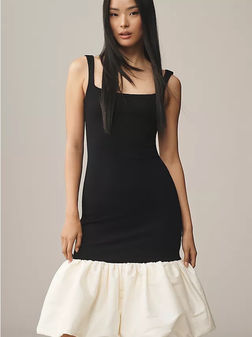 Black & White Square-Neck Ruffle-Hem Dress